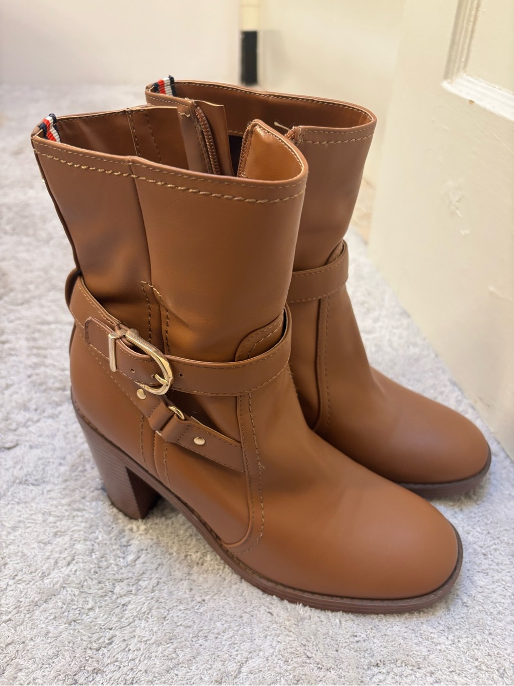 Tommy Hilfiger Chestnut Brown Mid-Calf Heeled Boots with Buckle
